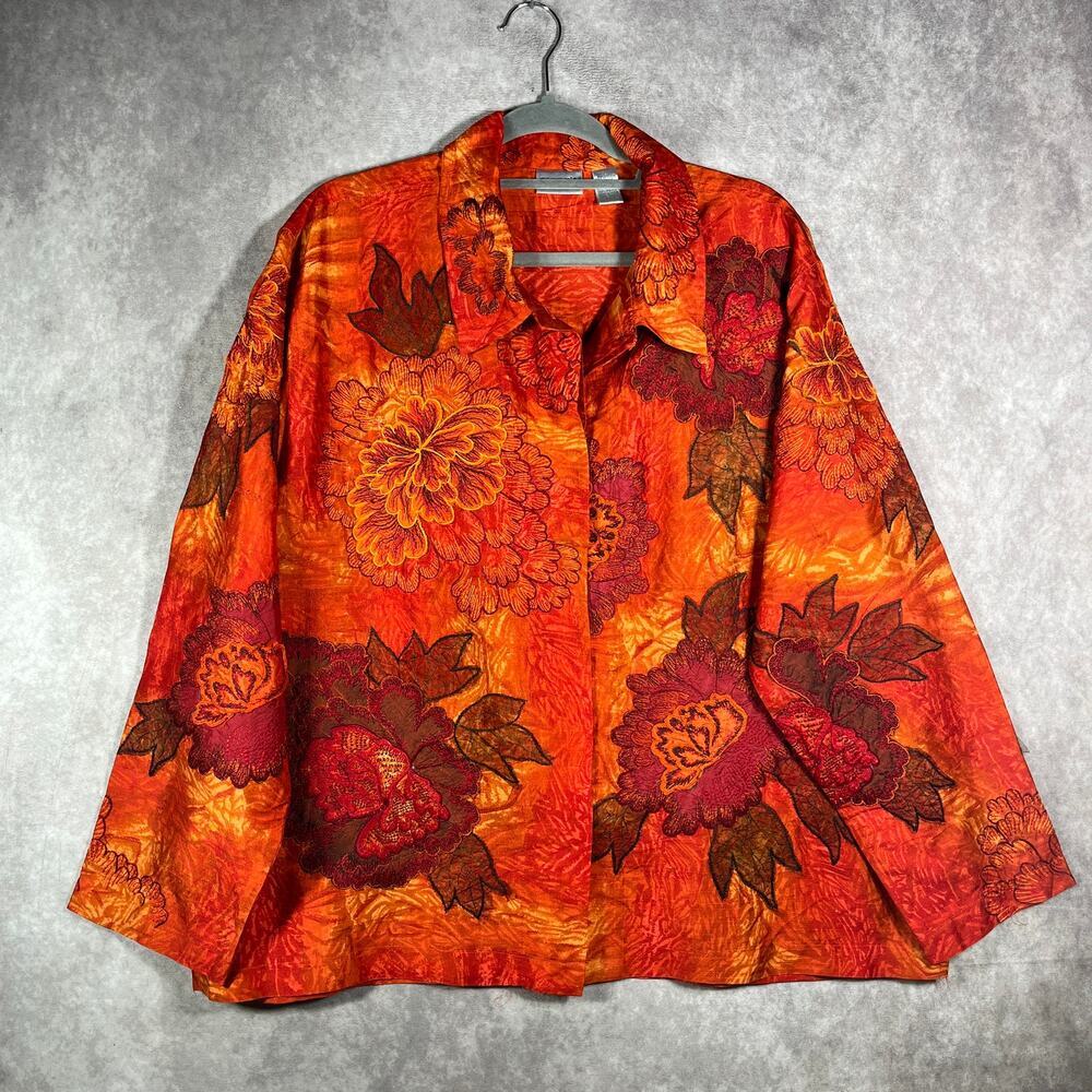 Chico's Jacket Women 3 US XL Orange Floral Applique Silk Button Front Career Art